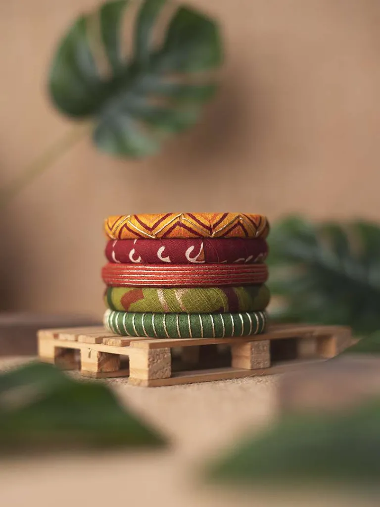 Jiyana Handmade Thread Bangles - Green, Yellow and Maroon